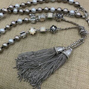White House Black Market Faux Pearl Glass Silver Tone Rhinestone Tassel Nacklace